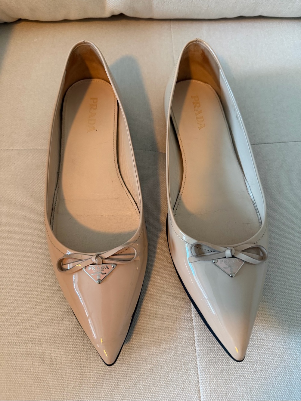 Prada Patent Leather Pointed Toe Flats in Nude Beige 39